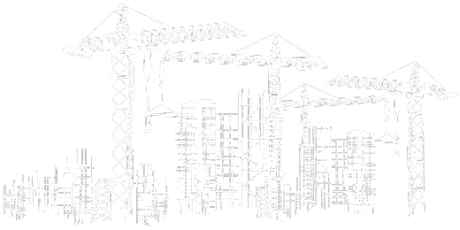 Vista panorámica de dibujo de varios edificios en proceso de construcción.